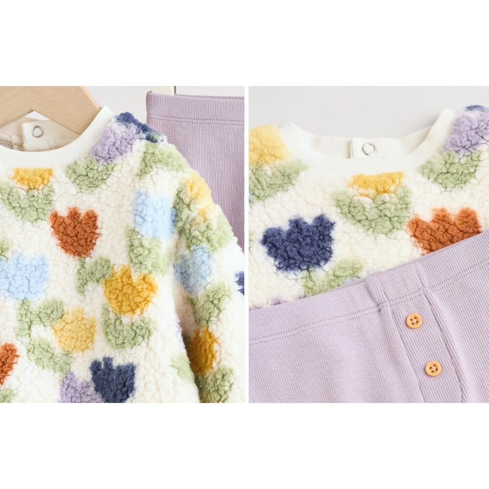 Next Baby Cream/Purple Tulip Baby Fleece Top and Leggings Set 2 Piece - Picture 3 of 5